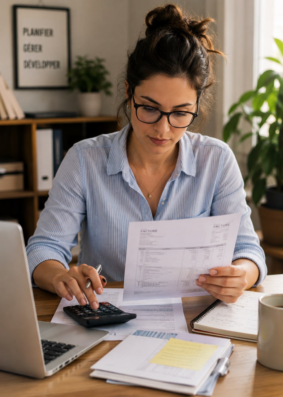 Conseillère analysant une facture d’électricité pour vérifier un remboursement CSPE
